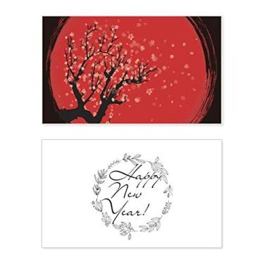 Imagem de Cartão de felicitações do festival de ano novo com estampa de arte Sakura vermelha e branca da cultura japonesa mensagem de abençoar presente