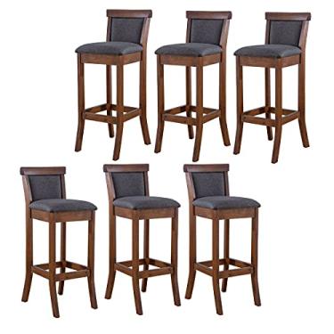 Imagem de Kit 6 Banquetas Alta Estofada Encosto Mônaco 36x100Cm Madeira Maciça Imbuia Linho Cinza L67 - RMI