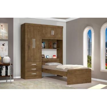 Imagem de Roupeiro CAN Com Cama + cabeceira Baú Solteiro 1.57m 4 Portas e 3 Gavetas Amplo Espaço Interno Cor Jequitiba