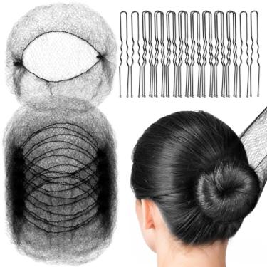 Imagem de Conjunto de 20 peças de redes de cabelo invisíveis e 40 peças em forma de U, 20 peças de redes de cabelo FANDAMEI redes de 50 cm para coque de malha de borda elástica preta e 40 peças de alfinetes de coque de cabelo para mulheres, meninas, balé, dança (preto)