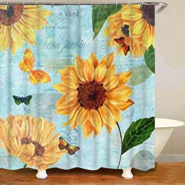 Imagem de Cortina de chuveiro elegante de girassol listrado em preto e branco