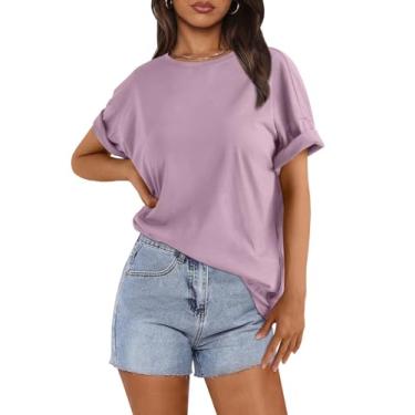 Imagem de LILLUSORY Camisetas femininas grandes com gola redonda e manga curta, camisetas básicas, Castanho-acastanhado, P
