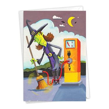 Imagem de NobleWorks - Cartão de felicitações histérico de Halloween com 12,7 x 18,8 cm com envelope (1 cartão) - Vassoura elétrica C7692HWG