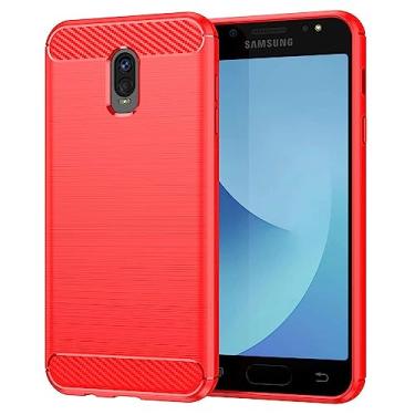 Imagem de Capa de celular para Samsung Galaxy J7 Plus, fibra de carbono refinada, anti-queda, anti-impressões digitais, proteção total vermelha
