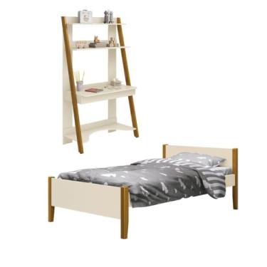 Imagem de Conjunto Quarto Cama Solteiro e Escrivaninha/Estante Simba com Pés em Madeira Areia Fosco - Reller
