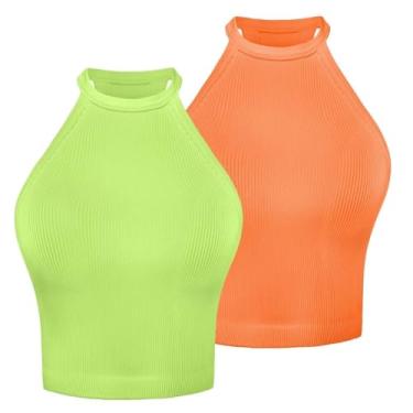 Imagem de Sunzel Regatas femininas caneladas, gola alta sem costura, sem costura, camisetas básicas de ginástica atléticas para ioga, Verde neon + laranja brilhante (comprimento da cintura) pacote com 2, PP