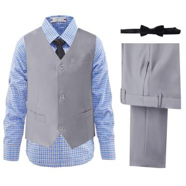 Imagem de Conjunto de colete e calça de smoking formal slim fit para adolescentes, roupas de casamento com gravata e gravata borboleta, Camisa xadrez cinza-claro e azul, 3