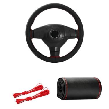 Imagem de Kewucn Capa de volante de couro genuíno, protetor universal de volante de carro de 15 polegadas com linha de agulha, capa de volante antiderrapante respirável DIY Stitch on Wrap (preto e vermelho, brilhante)