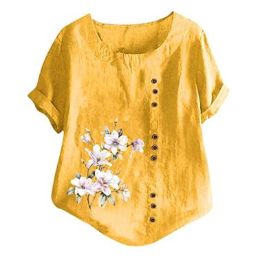 Imagem de Blusa feminina de linho com estampa floral, algodão, linho, manga curta, verão, vintage, casual, plus size, camisetas folgadas, Ofertas relâmpago amarelo, P