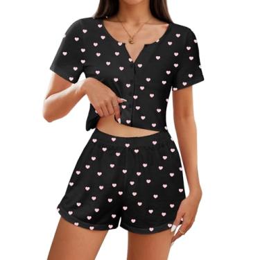Imagem de American Trends Conjunto de pijama feminino, 2 peças, abotoado, manga curta, conjunto de pijama floral, Preto e rosa Love, GG