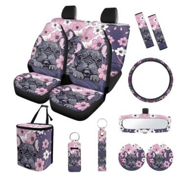 Imagem de Suobstales Impressão de buldogue francês 13 peças acessórios para carro com 4 capas de assento de carro, 1 capa de volante, 1 lata de lixo para carro, 2 capas de cinto de segurança, 2 porta-copos, 1