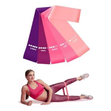 Imagem de Kit 5 Mini Bands Elástico para Exercício Treino Academia em Casa 5 Níveis de Intensidade (Rosa)