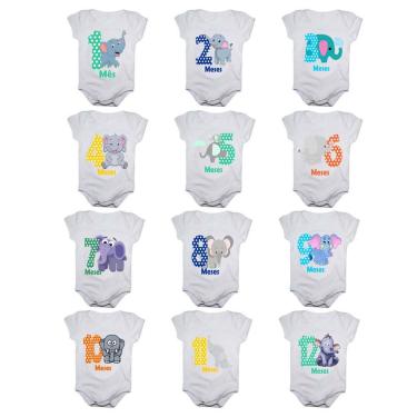 Imagem de Kit body bebê mesversario manga curta estampa elefantinhos 12 bodies 1 a 12 meses
