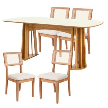 Imagem de Kit Mesa de Jantar Retangular Base Ripado Freijó com 4 Cadeiras Estofada Encosto Tela Césare