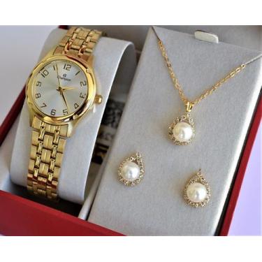 Imagem de Relogio champion feminino dourado pequeno  numeros ch24893w + kit semi