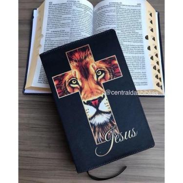 Imagem de Biblia sagrada Leão cruz  Letra Hiper Gigante Com Harpa E Corinhos - C