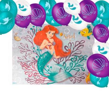 Imagem de Kit Festa Ariel Decoração Pequena Sereia Painel GG+ 25 Balão - Regina 