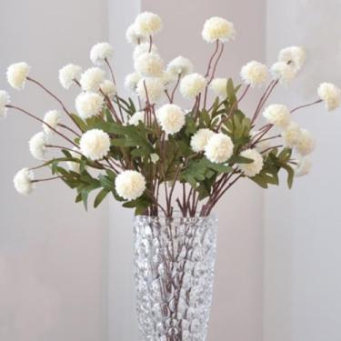 Imagem de Flor artificial Pompon Mum, 5 peças, mini crisanto de seda sintética com hastes, simulação de 5 bolas de outono, crisântemo, flores falsas, decoração de casa de casamento (branca)