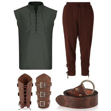 Imagem de Vabean Conjunto de fantasia masculina renascentista medieval, sem mangas, pirata, Halloween, viking, calça de tornozelo, cinto e protetores de braço, Verde, marrom, M