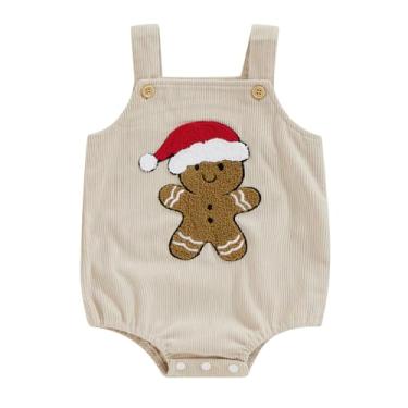 Imagem de Lesimsam Newborn Baby Boy Girl Christmas Outfit Gingerbread Man Embroidery Sleeveless Suspender Overall Romper Bodysuit (Beige, 3-6 Months)