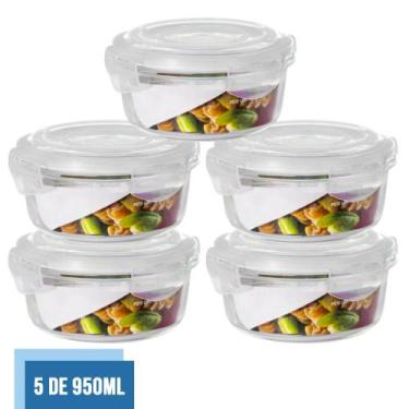 Imagem de Jogo 5 Potes Vidro Hermético 4 Travas Redondo 950ml Marmita - QUALITY 