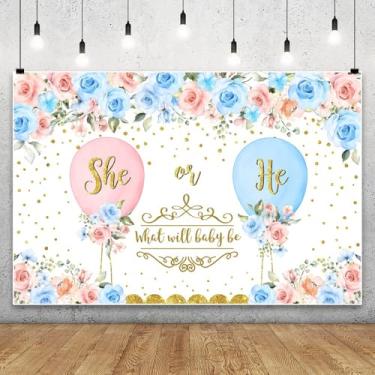 Imagem de DASHAN 2,1 x 1,5 m Pano de fundo de festa revelação de gênero para meninos ou meninas, pano de fundo para fotos com flores florais para bebê, para fotografia, decoração de fundo de revelação de