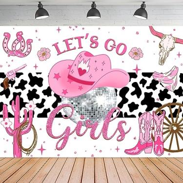 Imagem de Ufeela Pano de fundo discoteca Cowgirl 18 cm L x 15 A pés tecido poliéster rosa vamos molhado aniversário chapéu de cacto rústico botas selvagem oeste casa de fazenda pele de vaca menina fotografia faixa de fundo sessão de fotos adereços decoração