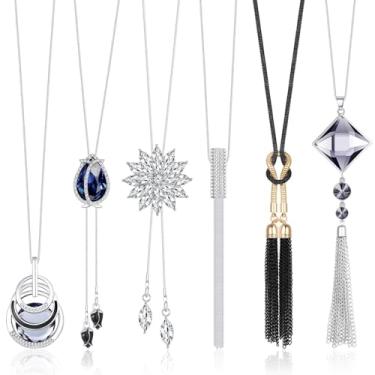 Imagem de Jstyle 6 pçs feminino longo suéter colar banhado a prata strass flor borla pingente colar colar jóias presentes femininos, Strass