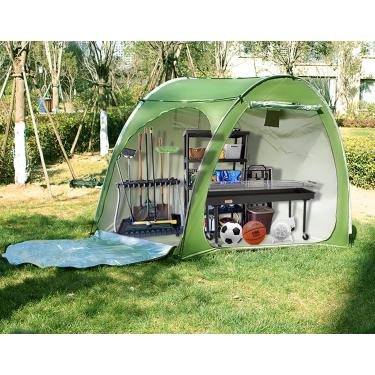 Imagem de HuaKastro Barraca de armazenamento ao ar livre de 1,8 x 1,5 m, barraca de bicicleta, galpão portátil de armazenamento de jardim para 4 bicicletas, lata de lixo, cortador de relva, ferramentas de jardim – fácil configuração e à prova d'água à prova de raios UV