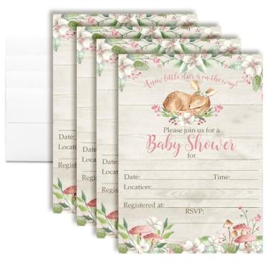 Imagem de Little Deer Woodland Convites florais para chá de bebê em aquarela para meninas, pacote com 8 cartões de preenchimento 12 x 17 cm com oito envelopes brancos por AmandaCreation