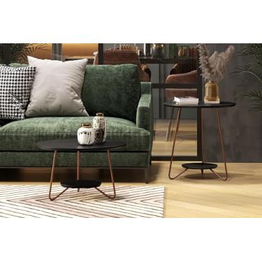 Imagem de Conjunto Mesa Centro e Apoio Redonda Sala Decoração Escritório Compacta Retrô Pés Ferro Liz - Preto