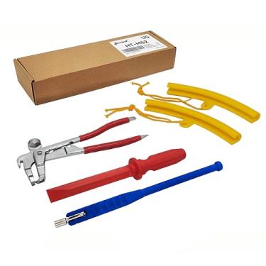 Imagem de ZERINT Kit profissional de ferramentas de peso de roda HT-M52 Conjunto de 4 peças - Protetor de aro resistente (2 peças), removedor de válvula de pneu e ferramentas de remoção de peso, pesos de roda