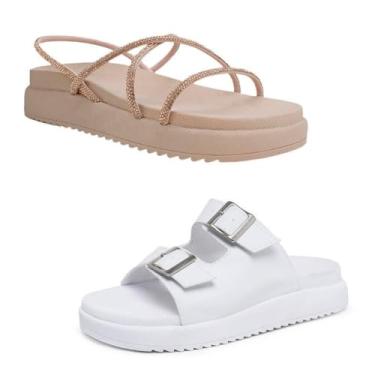 Imagem de Novo Hábito, Kit 2 Sandália Feminina Tira Trançada Strass & Papete Fivela Cor:Bege e Branco;Tamanho:40