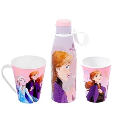 Imagem de Kit Presente 3 em 1 Anna e Elsa Frozen Infantil Garrafinha Caneca e Copo Original Plasútil para Meninas