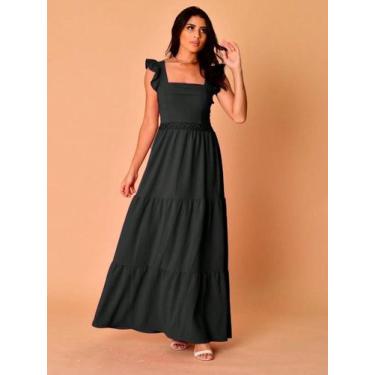 Imagem de Vestido longo luxo duna lisa com babada na manga renda na cintura 1943