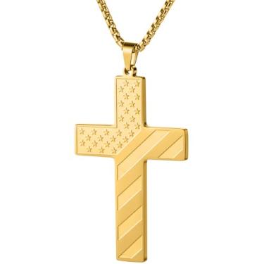Imagem de Colar de cruz preta para homens, meninos, aço inoxidável, banhado a ouro 18 K, pingente de bandeira americana, versículo bíblico, cruz, colares de formatura 45,7-61 cm, 24 INCH, Aço inoxidável, Sem