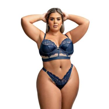 Imagem de Lingerie Rendada Sutiã Bojo Plus Size Aro Cirre - Garota V., Marinho, 