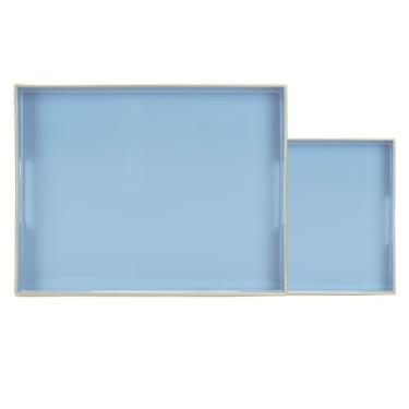 Imagem de Conjunto de 2 bandejas de servir de plástico decorativas com alças, bandeja de festa para comida, mesa de centro, otomana, banheiro e sala de estar (azul)