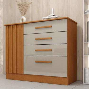 Imagem de Cômoda Ripada 4 Gavetas 1 Porta Guarani Tcil, Cinamomo/Off White
