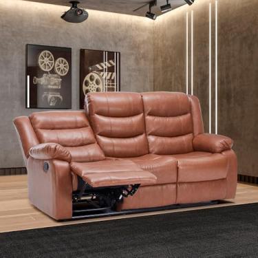 Imagem de Sofá Reclinável Sala de Cinema 3 Lugares Hollywood Manual Massagem Aquecimento Porta Copos PU Caramelo G94 - Gran Belo