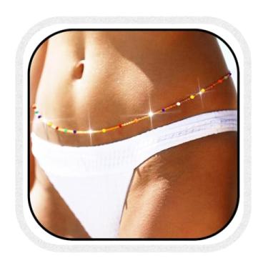 Imagem de Cosydays Corrente de cintura sexy contas coloridas de ouro corrente de corpo com contas corrente de barriga correntes de biquíni de praia joias de corrente corporal de verão para mulheres e meninas