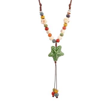 Imagem de MINACHI Boho Hippie Colar de contas de cerâmica coloridas com pingente de estrela, joia boêmia de verão, presente para mulheres, Cerâmica Zinco, Sem Pedra Preciosa