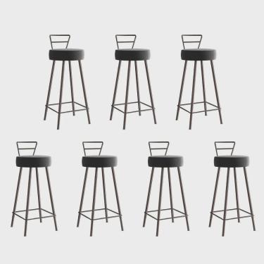 Imagem de Kit 07 Banqueta Alta Com Encosto Tina Eiffel Cozinha Bar Bistrô Ferro Marrom Suede Cinza - Ahz Móveis