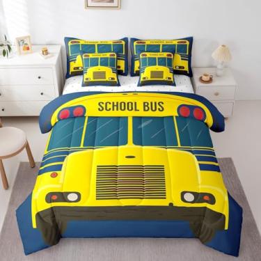 Imagem de Conjunto de edredom infantil de desenho animado de ônibus escolar, tamanho solteiro, estampa de carro amarelo brilhante, azul marinho, reversível, conjunto de cama com edredom, lençol e fronha