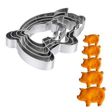 Imagem de Conjunto mexicano de cortador de biscoito de porco, 5 peças, conjunto de cortadores de concha, formas Marranitos e Puerquito, 14 cm a 5 cm