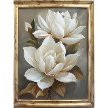 Imagem de HMDIIMGE Pintura artística de diamante 5D com flores de magnólia branca para adultos, kit de pintura de diamante redondo por números para iniciantes gemas ponto cruz para decoração de parede 30,5 x