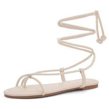 Imagem de Shoe Land Sandálias rasteiras femininas – Sandálias gladiadoras confortáveis com cadarço e envoltório ajustável no tornozelo | Sapatos de amarrar com tiras cruzadas para o verão, praia e viagens, Bege