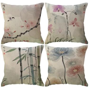 Imagem de Capa de almofada de pintura com tinta de flor de ameixa crisântemo orquídea capas de almofada tradicional caligrafia chinesa cultura decorativa para casa fronhas 45,7 x 45,7 cm, pacote com 4 (rosa)