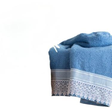 Imagem de Jogo 2 Peças Toalha Banho e Rosto 500 gr Ouro Gigante Com Renda(Azul)