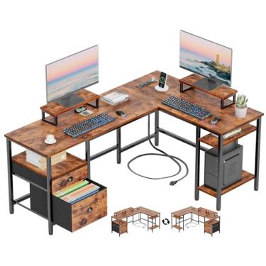Imagem de Furologee Mesa de 150 cm em forma de L com tomada elétrica, mesa de computador reversível com gaveta de arquivos e 2 suportes de monitor, mesa de canto para escritório doméstico com prateleiras de